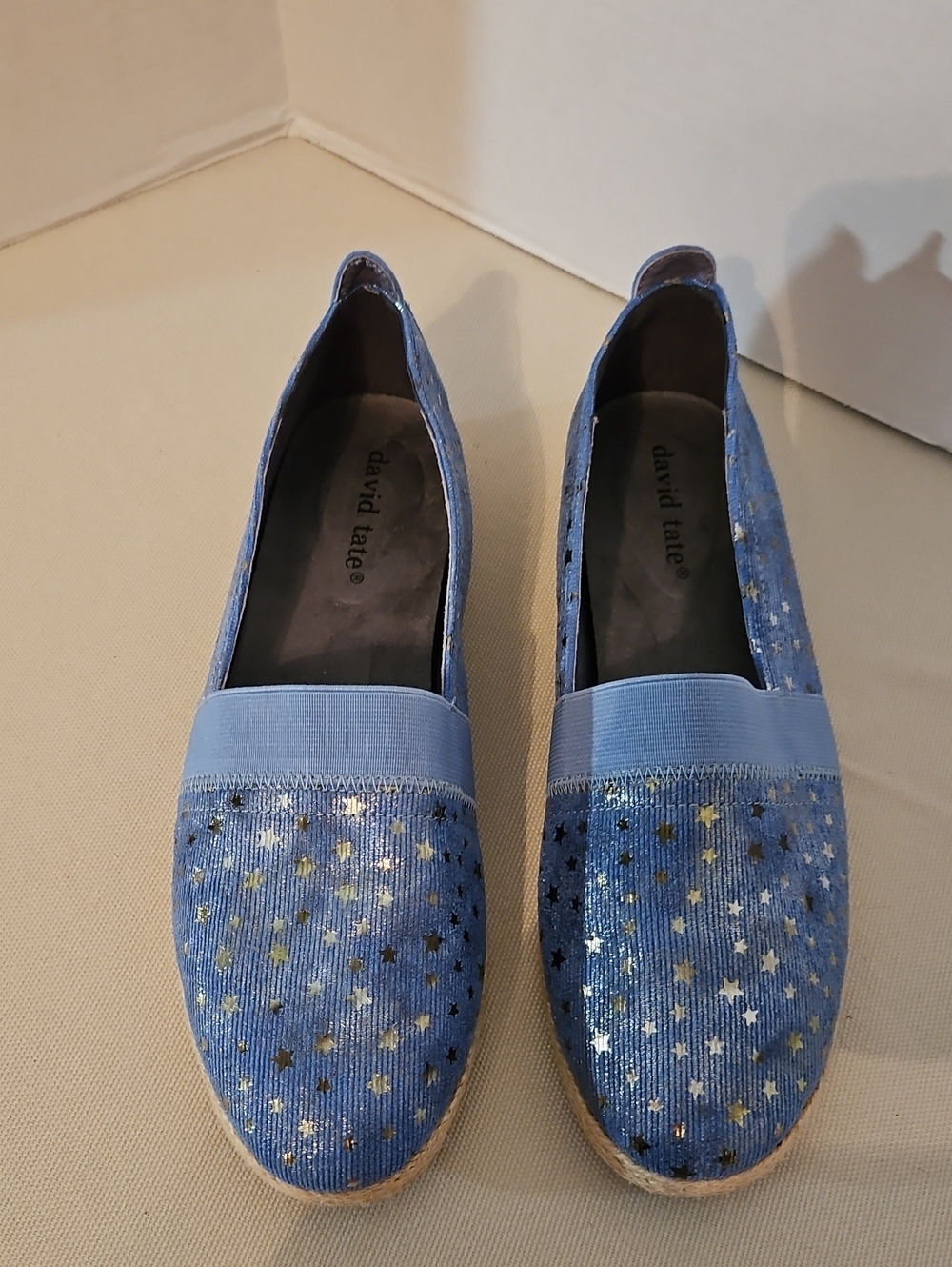 David Tate light blue star-print espadrille slip-ons